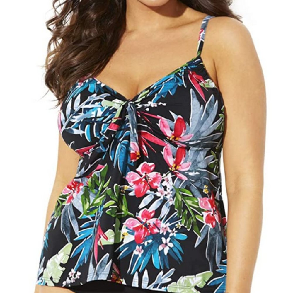 Nwt Swimsuits For All Underwire Tie Tankini Top Plus Size 30 4X Black Floral